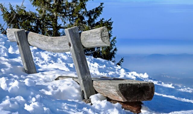 bank, bench, wooden bench, covered in snow, nature, snowy, winter, mountain, schauinsland, black forest, winter landscape, wintry, sunshine, panorama, idyllic