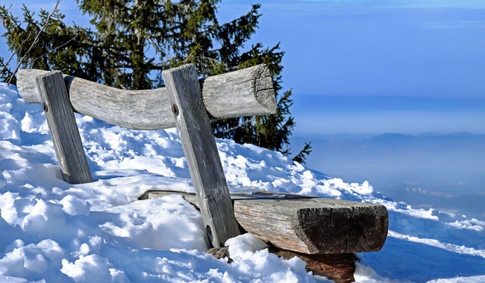 bank, bench, wooden bench, covered in snow, nature, snowy, winter, mountain, schauinsland, black forest, winter landscape, wintry, sunshine, panorama, idyllic