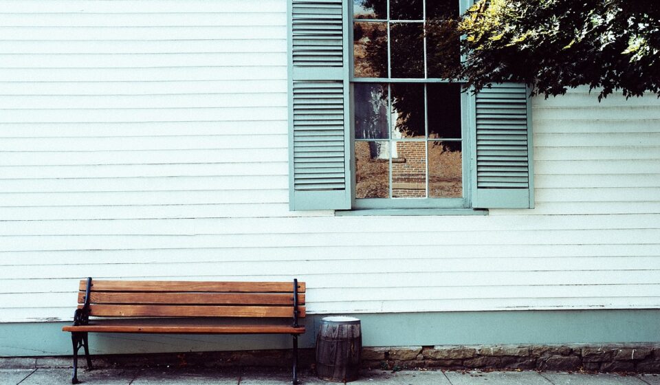 bench, seat, house, front, sitting, relax, window, facade, settee, empty, wooden, shutters, wood, siding, sidewalk, window, shutters, siding, siding, siding, siding, siding, sidewalk, sidewalk