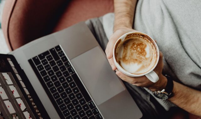 coffee, coffee cup, cup, computer, home, laptop, macbook, technology, office, business, designer, work, man, casual