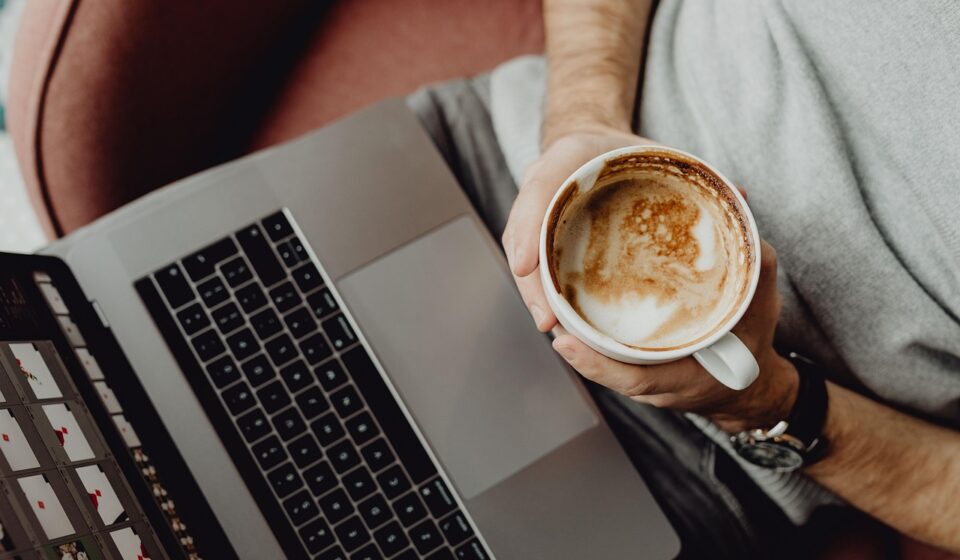 coffee, coffee cup, cup, computer, home, laptop, macbook, technology, office, business, designer, work, man, casual