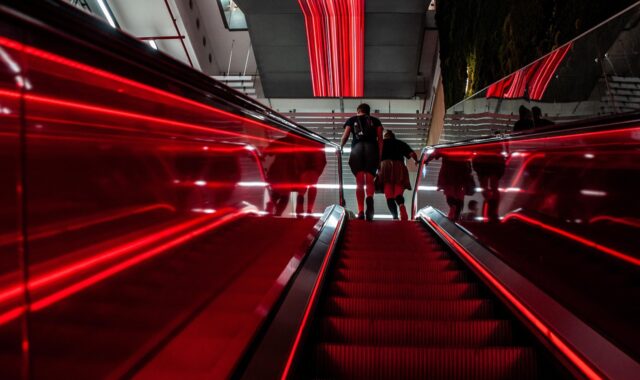 escalator, stairs, building, red, building, red, red, red, red, red