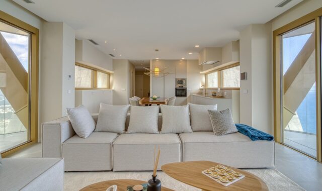 living room, modern interior, neutral colors, open plan, real estate photography, mediterranean home, costa blanca apartment, contemporary design, bright living space, luxury property, intempo