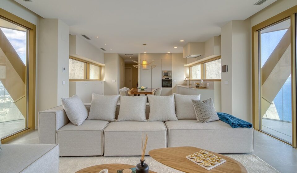 living room, modern interior, neutral colors, open plan, real estate photography, mediterranean home, costa blanca apartment, contemporary design, bright living space, luxury property, intempo