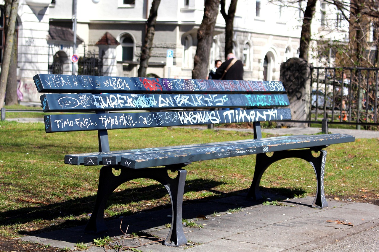 park bench, park bench in munich, graffiti, bank, road, seat