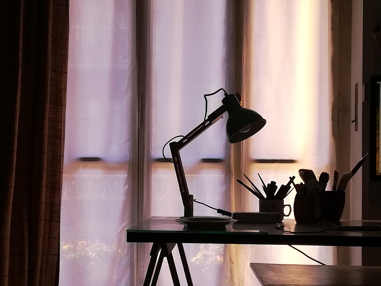 writing desk, tents, lamp, backlight, window, table, room, mobile, furnishings, in home, interior, curtain
