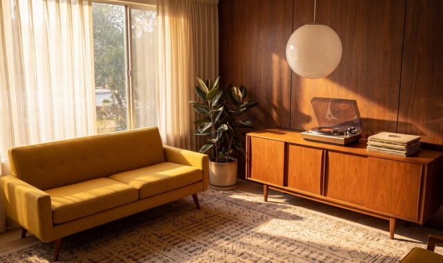 interior, retro, living room, vinyl, plant, window, curtains, sofa, couch, stereo, nature, record player, lamp, wooden, carpet, sofa style, armchair, vintage, vinyl record, record disc