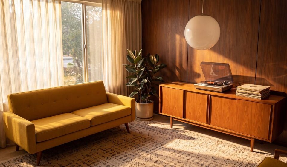 interior, retro, living room, vinyl, plant, window, curtains, sofa, couch, stereo, nature, record player, lamp, wooden, carpet, sofa style, armchair, vintage, vinyl record, record disc