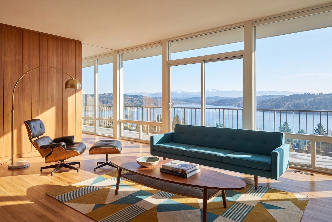 interior, living room, modern, furniture, panoramic view, sofa, armchair, rug, wood paneling, light, luxurious, sunny, eames, french window, wooden floor, clear, design, river, nature, mountains, beautiful view
