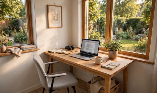 interior, modern, home, room, desk, window, chair, apartment, design, nature, furniture, decor, cozy, lifestyle, comfortable, wooden, laptop, stylish, plants, scandinavian, office, comfort