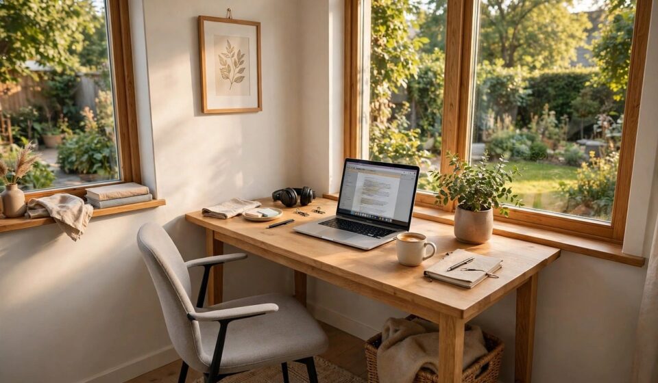 interior, modern, home, room, desk, window, chair, apartment, design, nature, furniture, decor, cozy, lifestyle, comfortable, wooden, laptop, stylish, plants, scandinavian, office, comfort