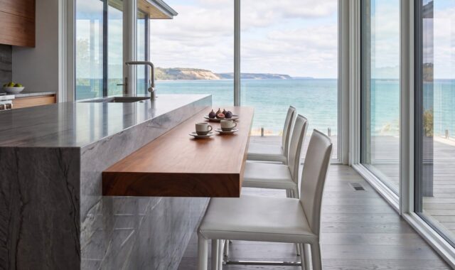 kitchen, modern, ocean view, minimalist, island, café table, chair, interior, daylight, architecture, coastal, luxury, glass door, coastal restaurant, sea view, outdoor dining, comfort, stylish, open space, light, view
