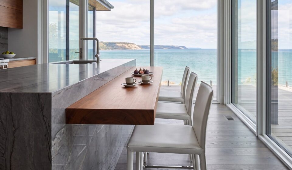 kitchen, modern, ocean view, minimalist, island, café table, chair, interior, daylight, architecture, coastal, luxury, glass door, coastal restaurant, sea view, outdoor dining, comfort, stylish, open space, light, view