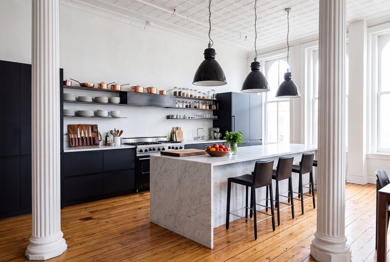 modern kitchen, marble island, hanging lights, wooden floor, urban style, wooden beams, metal cookware, black chair, large windows, white kitchen, kitchen shelf, urban kitchen, minimalist design, luxury kitchen, gourmet space, open concept, industrial design, copper pans, breakfast bar, high ceiling kitchen