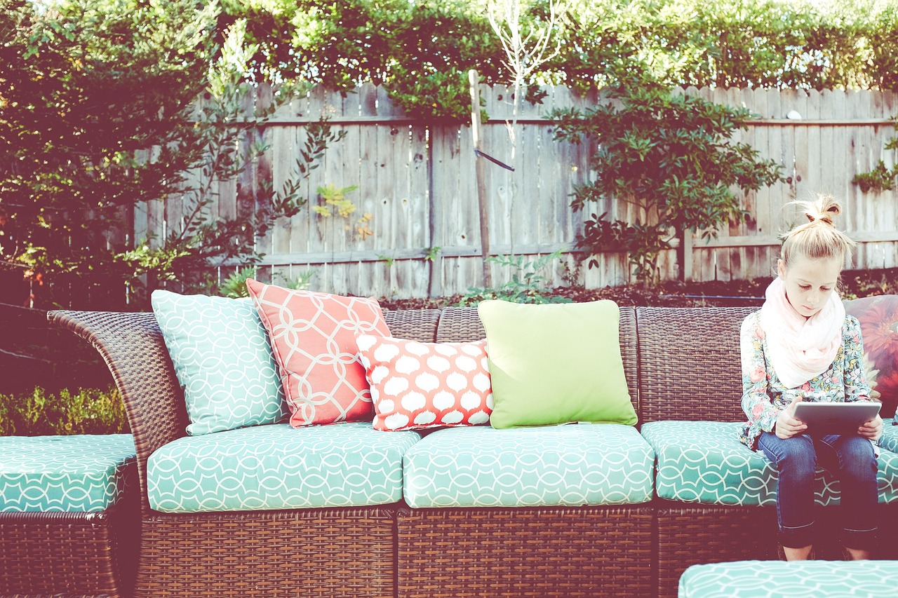 girl, garden, ipad, tree, green, fence, child, nature, couch